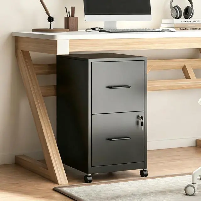 Alt view image 2 of 7 - 2 Drawer Metal File Cabinet with Lock, Black Mobile Filing Cabinet | 17.7"D x 15"W x 26.8"H, Black Mobile Locking File Cabinet, Assembly Required, Fits Letter Hanging Files