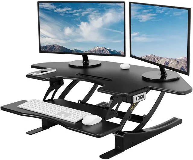 Main image of Black 43 in Electric Corner Desk Converter, DESK-V000VCE | Large, Height Adjustable, Stand Up Desk Riser, Keyboard Tray, Dual Monitor and Laptop Workstation, Black Frame, V Series