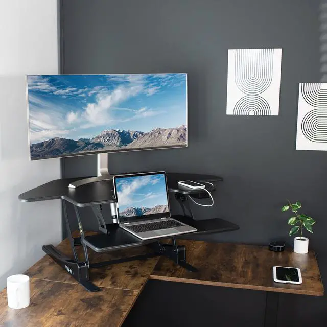 Alt view image 2 of 7 - Black 43 in Electric Corner Desk Converter, DESK-V000VCE | Large, Height Adjustable, Stand Up Desk Riser, Keyboard Tray, Dual Monitor and Laptop Workstation, Black Frame, V Series