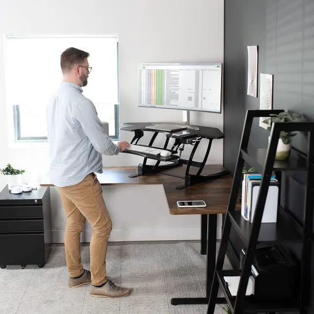 Alt view image 4 of 7 - Black 43 in Electric Corner Desk Converter, DESK-V000VCE | Large, Height Adjustable, Stand Up Desk Riser, Keyboard Tray, Dual Monitor and Laptop Workstation, Black Frame, V Series