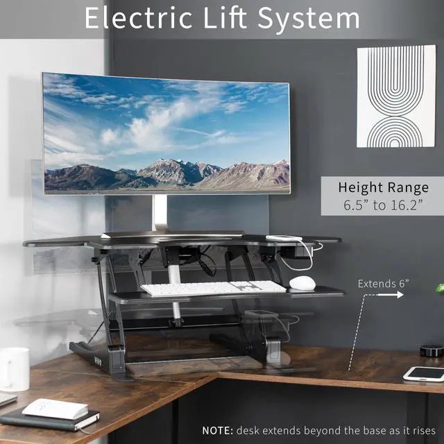 Alt view image 3 of 7 - Black 43 in Electric Corner Desk Converter, DESK-V000VCE | Large, Height Adjustable, Stand Up Desk Riser, Keyboard Tray, Dual Monitor and Laptop Workstation, Black Frame, V Series