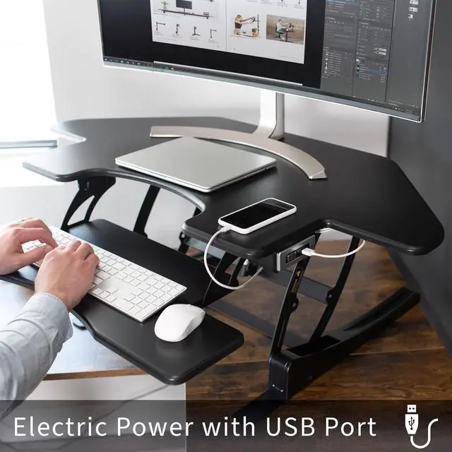 Alt view image 5 of 7 - Black 43 in Electric Corner Desk Converter, DESK-V000VCE | Large, Height Adjustable, Stand Up Desk Riser, Keyboard Tray, Dual Monitor and Laptop Workstation, Black Frame, V Series