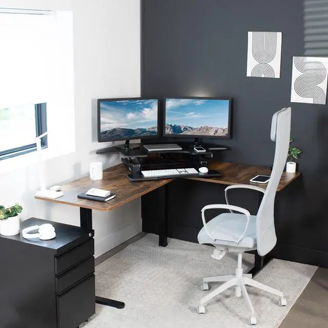 Alt view image 6 of 7 - Black 43 in Electric Corner Desk Converter, DESK-V000VCE | Large, Height Adjustable, Stand Up Desk Riser, Keyboard Tray, Dual Monitor and Laptop Workstation, Black Frame, V Series