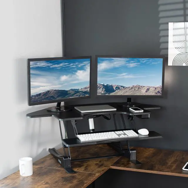 Alt view image 7 of 7 - Black 43 in Electric Corner Desk Converter, DESK-V000VCE | Large, Height Adjustable, Stand Up Desk Riser, Keyboard Tray, Dual Monitor and Laptop Workstation, Black Frame, V Series