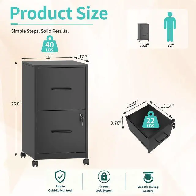 Alt view image 3 of 7 - 2 Drawer Metal File Cabinet with Lock, Black Mobile Filing Cabinet | 17.7"D x 15"W x 26.8"H, Black Mobile Locking File Cabinet, Assembly Required, Fits Letter Hanging Files