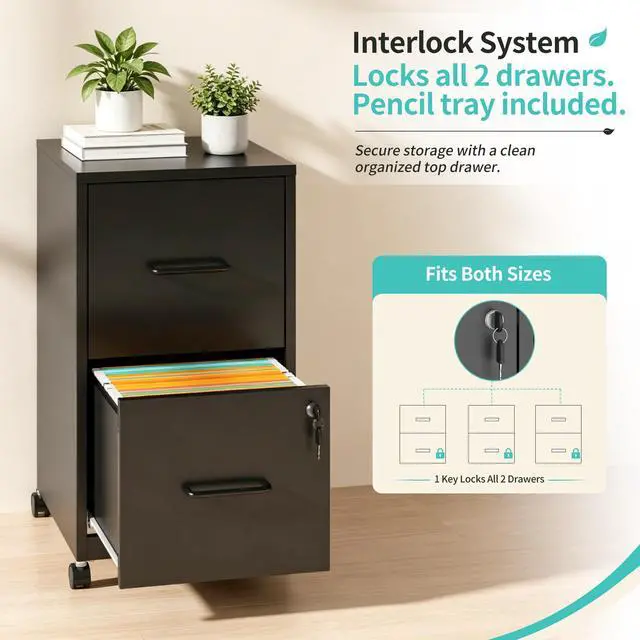 Alt view image 5 of 7 - 2 Drawer Metal File Cabinet with Lock, Black Mobile Filing Cabinet | 17.7"D x 15"W x 26.8"H, Black Mobile Locking File Cabinet, Assembly Required, Fits Letter Hanging Files