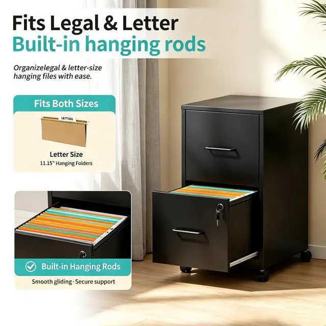 Alt view image 4 of 7 - 2 Drawer Metal File Cabinet with Lock, Black Mobile Filing Cabinet | 17.7"D x 15"W x 26.8"H, Black Mobile Locking File Cabinet, Assembly Required, Fits Letter Hanging Files