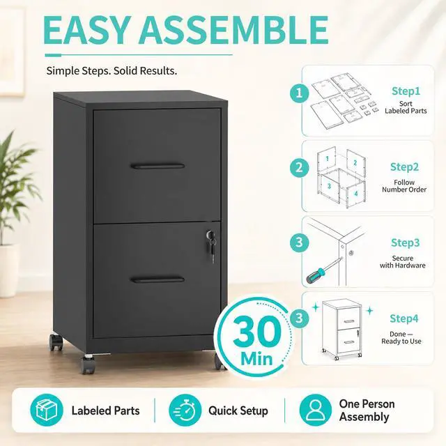 Alt view image 6 of 7 - 2 Drawer Metal File Cabinet with Lock, Black Mobile Filing Cabinet | 17.7"D x 15"W x 26.8"H, Black Mobile Locking File Cabinet, Assembly Required, Fits Letter Hanging Files