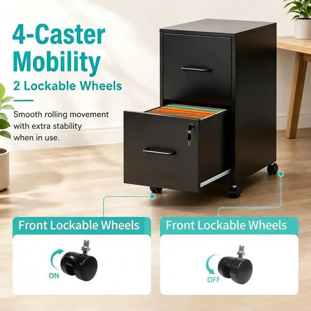 Alt view image 7 of 7 - 2 Drawer Metal File Cabinet with Lock, Black Mobile Filing Cabinet | 17.7"D x 15"W x 26.8"H, Black Mobile Locking File Cabinet, Assembly Required, Fits Letter Hanging Files