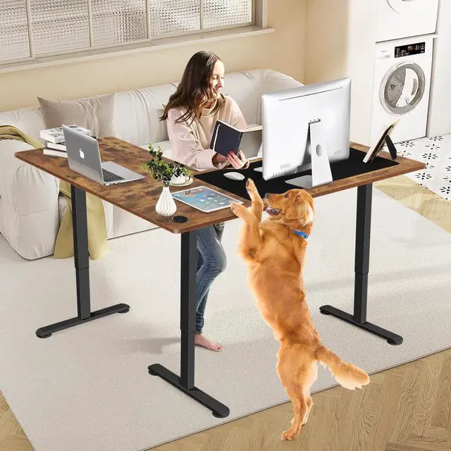 Alt view image 2 of 7 - 63 L Shaped Standing Desk,Electric Height Adjustable Corner Stand Up Desk, Ergonomic Sit Stand Home Office Computer Desk with Splice Board (Brown)