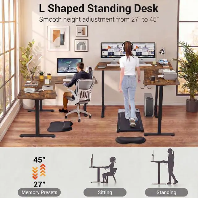 Alt view image 4 of 7 - 63 L Shaped Standing Desk,Electric Height Adjustable Corner Stand Up Desk, Ergonomic Sit Stand Home Office Computer Desk with Splice Board (Brown)