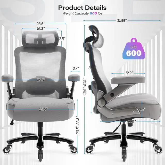 Alt view image 3 of 7 - 600lbs Big and Tall Office Chair, Heavy Duty Executive Computer Desk Chair | 3D Flip Arms, Large Wheels, Ergonomic Design, Extra Wide Seat, Adjustable Lumbar Support&Headrest, Mesh High Back Chair
