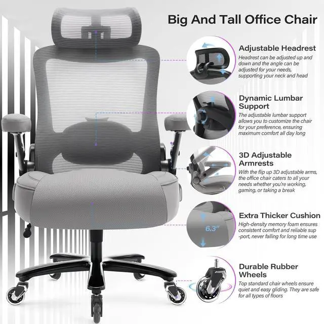 Alt view image 4 of 7 - 600lbs Big and Tall Office Chair, Heavy Duty Executive Computer Desk Chair | 3D Flip Arms, Large Wheels, Ergonomic Design, Extra Wide Seat, Adjustable Lumbar Support&Headrest, Mesh High Back Chair
