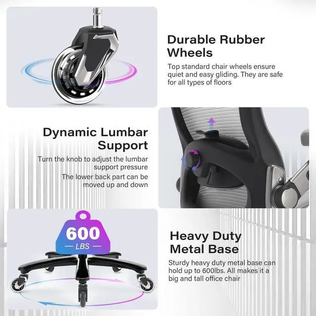 Alt view image 6 of 7 - 600lbs Big and Tall Office Chair, Heavy Duty Executive Computer Desk Chair | 3D Flip Arms, Large Wheels, Ergonomic Design, Extra Wide Seat, Adjustable Lumbar Support&Headrest, Mesh High Back Chair