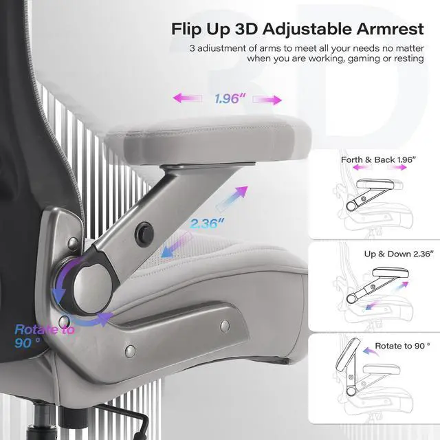 Alt view image 5 of 7 - 600lbs Big and Tall Office Chair, Heavy Duty Executive Computer Desk Chair | 3D Flip Arms, Large Wheels, Ergonomic Design, Extra Wide Seat, Adjustable Lumbar Support&Headrest, Mesh High Back Chair