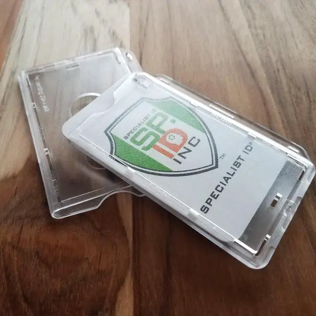 Alt view image 6 of 7 - 10 Pack - Slim Heavy Duty Horizontal Badge Holders - Hard Plastic (Holds 1 Card) Clear Polycarbonate - Single CR80 30 Mil - UV Protect Rigid Case w Easy Access Thumb Notch Dispenser by