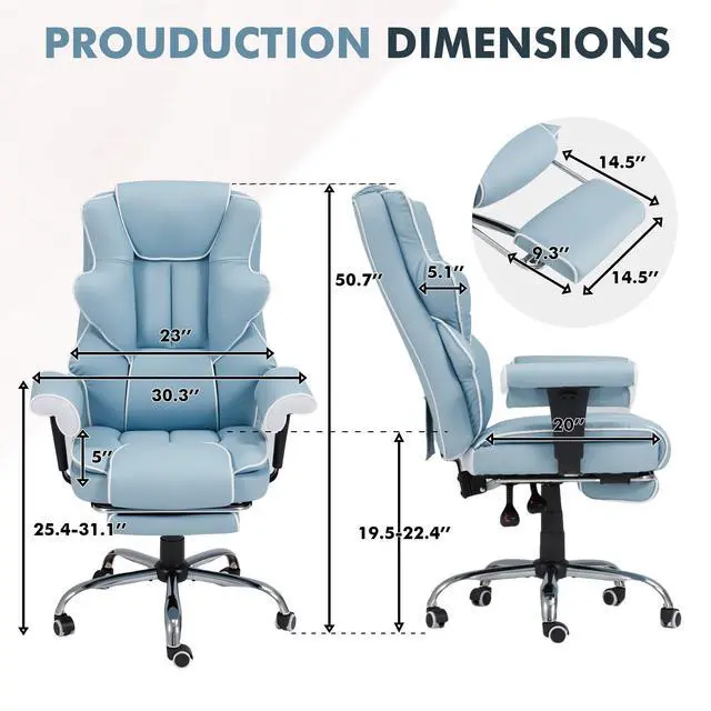Alt view image 3 of 7 - 6-Point Massage Executive Chair,Heat Office Chair,Ergonomic Home Office Desk Chairs with Retractable Footrest and Reclining Function,Leather Computer Chair with Adjustable Armrest(Airy Blue)