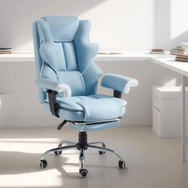 Alt view image 2 of 7 - 6-Point Massage Executive Chair,Heat Office Chair,Ergonomic Home Office Desk Chairs with Retractable Footrest and Reclining Function,Leather Computer Chair with Adjustable Armrest(Airy Blue)