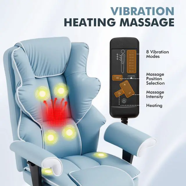Alt view image 4 of 7 - 6-Point Massage Executive Chair,Heat Office Chair,Ergonomic Home Office Desk Chairs with Retractable Footrest and Reclining Function,Leather Computer Chair with Adjustable Armrest(Airy Blue)