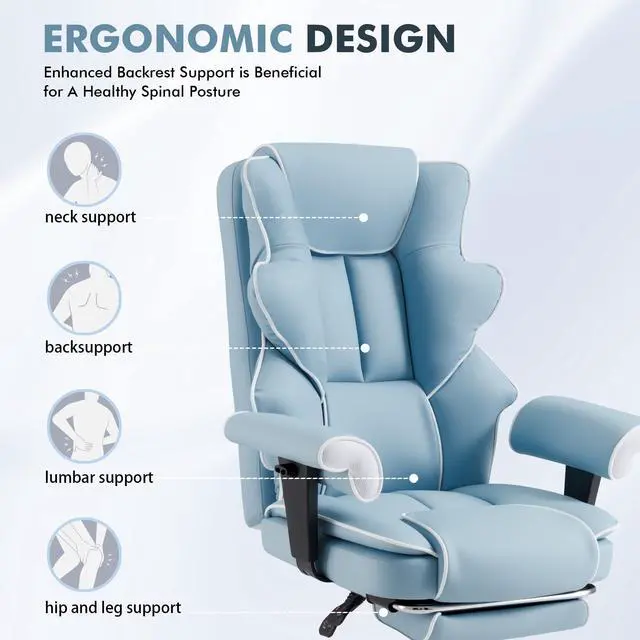 Alt view image 5 of 7 - 6-Point Massage Executive Chair,Heat Office Chair,Ergonomic Home Office Desk Chairs with Retractable Footrest and Reclining Function,Leather Computer Chair with Adjustable Armrest(Airy Blue)