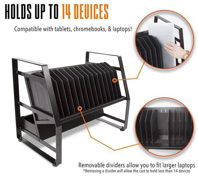 Alt view image 3 of 7 - Line Leader 14 Device Open Charging Cart for Laptops, Tablets & Chromebooks, Mobile Laptop Station with Removable Wheels For Desktop or Under Desk Use, UL-Listed Power Strip with Surge Protection