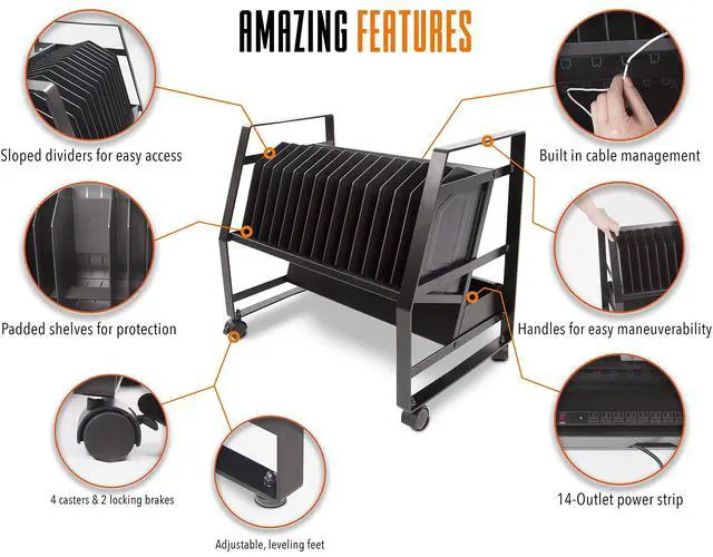 Alt view image 5 of 7 - Line Leader 14 Device Open Charging Cart for Laptops, Tablets & Chromebooks, Mobile Laptop Station with Removable Wheels For Desktop or Under Desk Use, UL-Listed Power Strip with Surge Protection