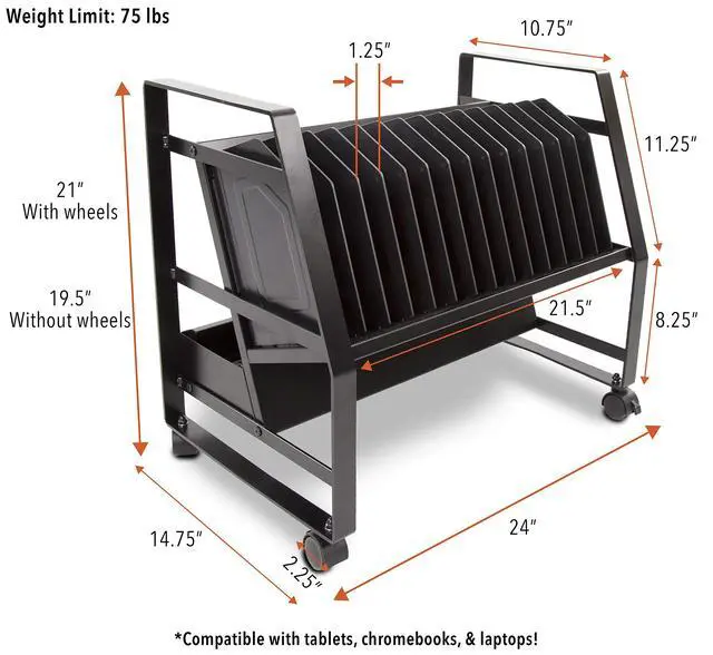 Alt view image 6 of 7 - Line Leader 14 Device Open Charging Cart for Laptops, Tablets & Chromebooks, Mobile Laptop Station with Removable Wheels For Desktop or Under Desk Use, UL-Listed Power Strip with Surge Protection