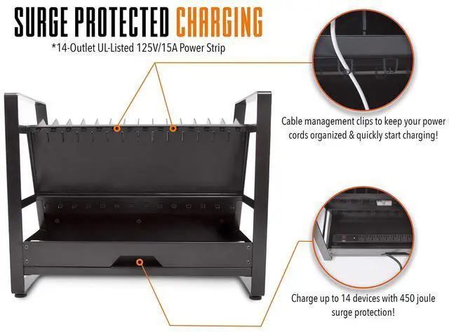Alt view image 4 of 7 - Line Leader 14 Device Open Charging Cart for Laptops, Tablets & Chromebooks, Mobile Laptop Station with Removable Wheels For Desktop or Under Desk Use, UL-Listed Power Strip with Surge Protection