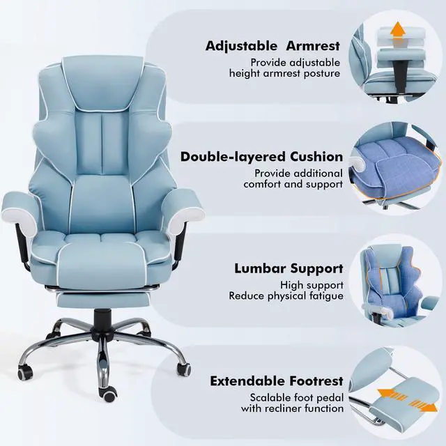 Alt view image 6 of 7 - 6-Point Massage Executive Chair,Heat Office Chair,Ergonomic Home Office Desk Chairs with Retractable Footrest and Reclining Function,Leather Computer Chair with Adjustable Armrest(Airy Blue)
