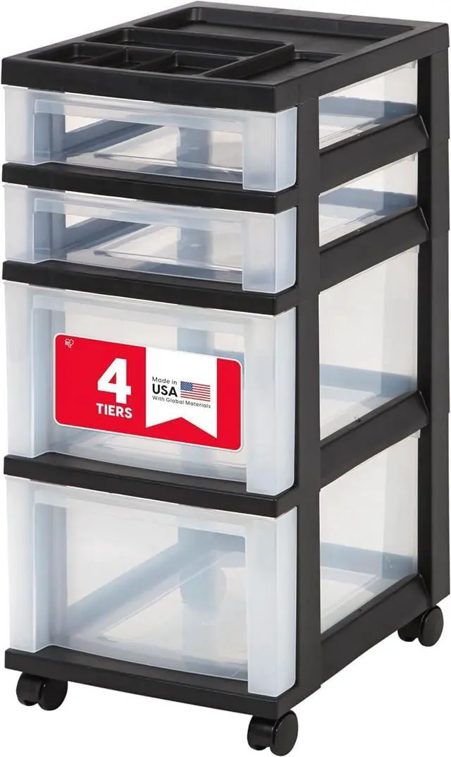Main image of 4-Drawer Rolling Storage Cart, Black/Clear | Keep classroom supplies, teacher essentials, craft materials, and learning tools organized with easy-access drawers