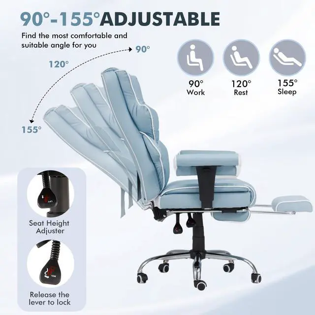 Alt view image 7 of 7 - 6-Point Massage Executive Chair,Heat Office Chair,Ergonomic Home Office Desk Chairs with Retractable Footrest and Reclining Function,Leather Computer Chair with Adjustable Armrest(Airy Blue)