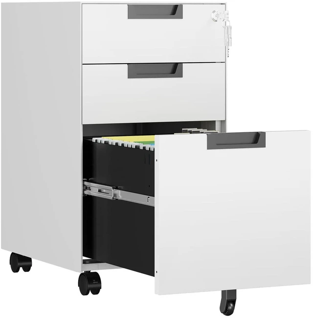 Main image of 3 Drawer File Cabinet with Lock, Fully Assembled Metal Mobile Filing Cabinets for Home Office, Small Rolling File Caninet on Wheels for Legal/Letter / A4 File, White