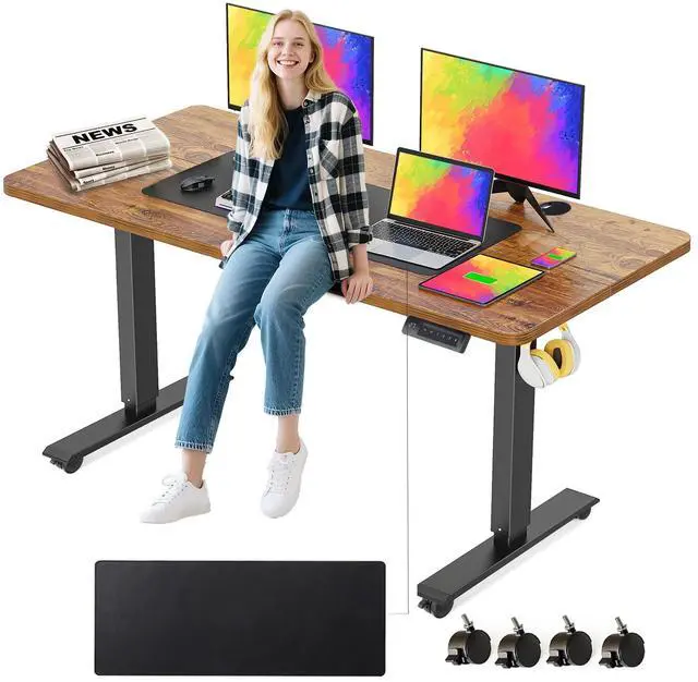 Main image of 55 x 24 in Electric Standing Desk Adjustable Height, Sit Stand Home Office Rolling Computer Desk with 35 x16 in Mouse Pad, Wheels and Hooks27''-46'' Lifting Range Stand up Desk(Brown)