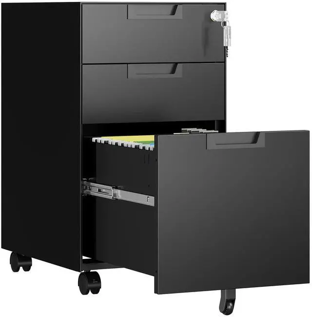 Main image of 3 Drawer File Cabinet with Lock, Fully Assembled Metal Mobile Filing Cabinets for Home Office, Small Rolling File Caninet on Wheels for Legal/Letter / A4 File, Black