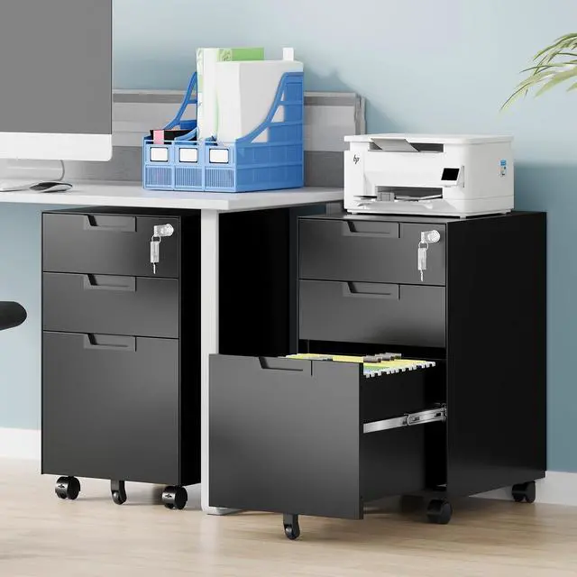 Alt view image 2 of 7 - 3 Drawer File Cabinet with Lock, Fully Assembled Metal Mobile Filing Cabinets for Home Office, Small Rolling File Caninet on Wheels for Legal/Letter / A4 File, Black