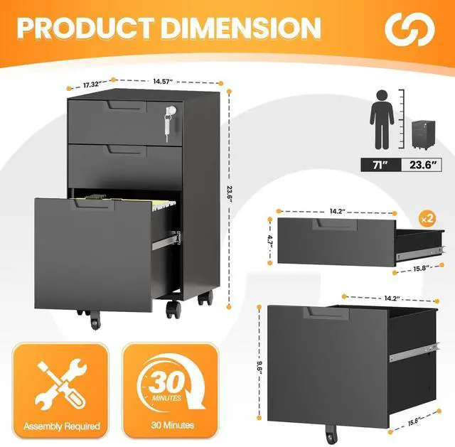 Alt view image 3 of 7 - 3 Drawer File Cabinet with Lock, Fully Assembled Metal Mobile Filing Cabinets for Home Office, Small Rolling File Caninet on Wheels for Legal/Letter / A4 File, Black