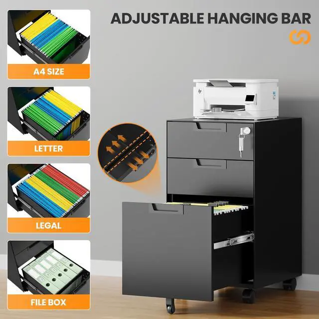 Alt view image 5 of 7 - 3 Drawer File Cabinet with Lock, Fully Assembled Metal Mobile Filing Cabinets for Home Office, Small Rolling File Caninet on Wheels for Legal/Letter / A4 File, Black