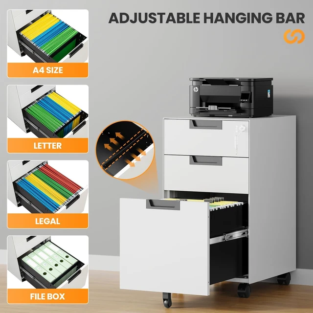 Alt view image 5 of 7 - 3 Drawer File Cabinet with Lock, Fully Assembled Metal Mobile Filing Cabinets for Home Office, Small Rolling File Caninet on Wheels for Legal/Letter / A4 File, White