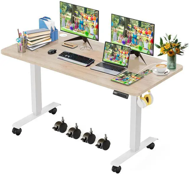 Main image of Standing Desk Adjustable Height, 48'' x 24'' Electric Sit Stand Desk for Home Office, Modern Rising Sturdy Ergonomic Workstation with Hooks and Wheels, Oak Grey