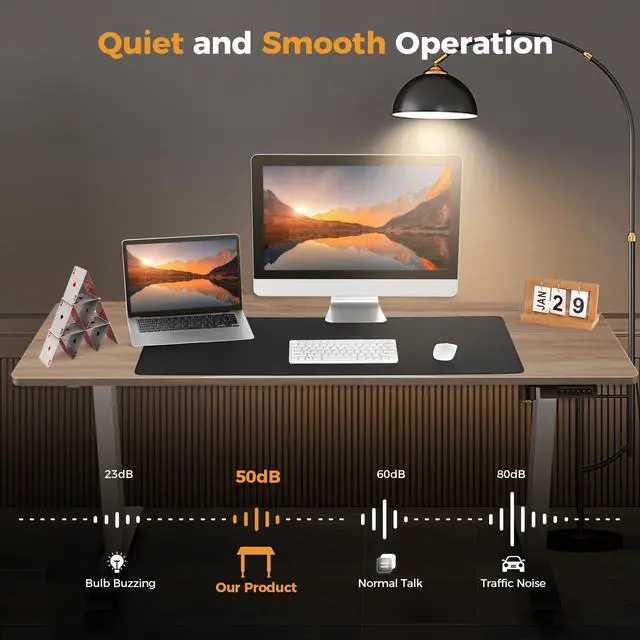 Alt view image 6 of 7 - Standing Desk Adjustable Height, 48'' x 24'' Electric Sit Stand Desk for Home Office, Modern Rising Sturdy Ergonomic Workstation with Hooks and Wheels, Oak Grey