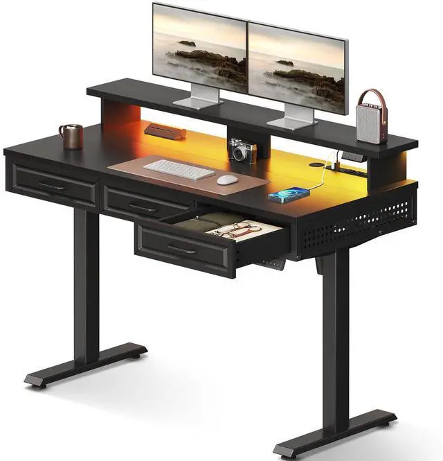 Main image of 48 Inch Electric Standing Desk, Black, 3 Wood Drawers, Monitor Stand | Power Outlet, LED Light, 3 Memory Presets, 29.9"-46.1" in Range, Cable Management Tray, 154 lb Capacity