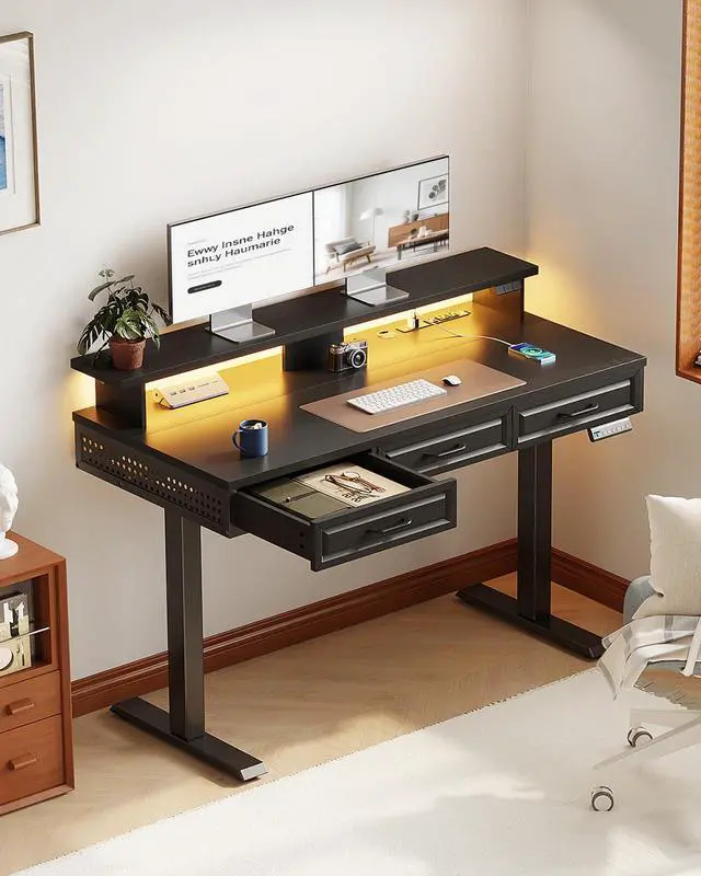 Alt view image 2 of 7 - 48 Inch Electric Standing Desk, Black, 3 Wood Drawers, Monitor Stand | Power Outlet, LED Light, 3 Memory Presets, 29.9"-46.1" in Range, Cable Management Tray, 154 lb Capacity
