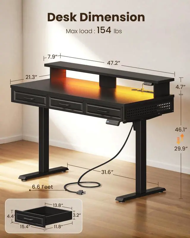 Alt view image 3 of 7 - 48 Inch Electric Standing Desk, Black, 3 Wood Drawers, Monitor Stand | Power Outlet, LED Light, 3 Memory Presets, 29.9"-46.1" in Range, Cable Management Tray, 154 lb Capacity