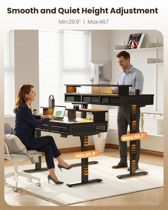 Alt view image 4 of 7 - 48 Inch Electric Standing Desk, Black, 3 Wood Drawers, Monitor Stand | Power Outlet, LED Light, 3 Memory Presets, 29.9"-46.1" in Range, Cable Management Tray, 154 lb Capacity