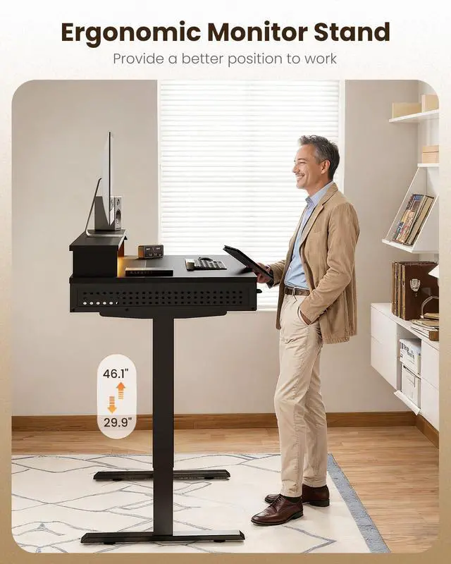 Alt view image 6 of 7 - 48 Inch Electric Standing Desk, Black, 3 Wood Drawers, Monitor Stand | Power Outlet, LED Light, 3 Memory Presets, 29.9"-46.1" in Range, Cable Management Tray, 154 lb Capacity