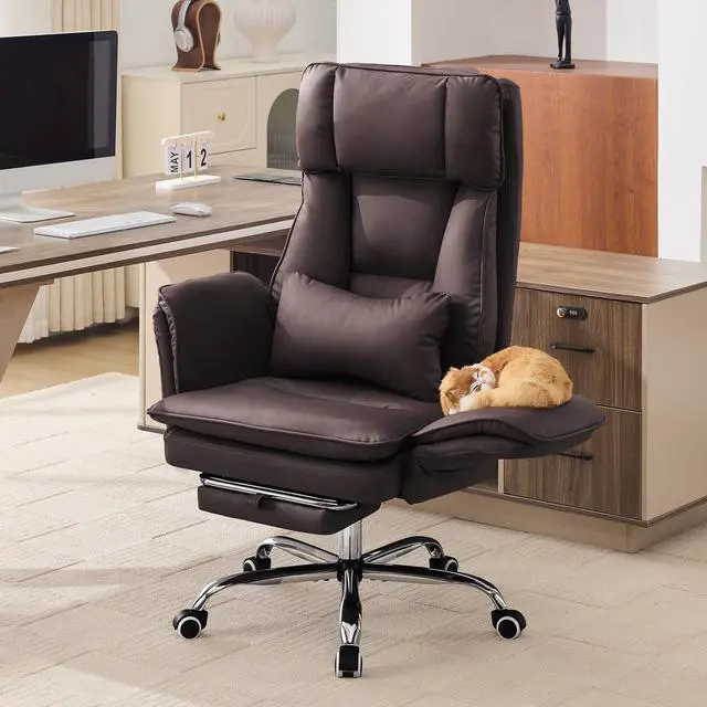 Main image of Big and Tall Office Chair, Footrest & Flip Armrest for Pets, PU Dark Brown | Executive Ergonomic Criss Cross Chair, Reclining High Back Desk Chair, Leather Swivel Computer Chair with Lumber Pillow