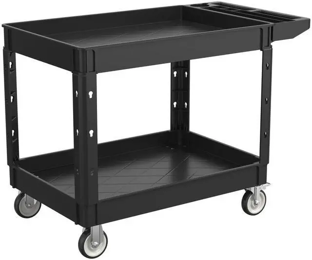 Main image of Utility Rolling Storage Cart, 45 x 25 Inch, 1000 Lbs Capacity, Black | Tool Cart with 360° Swivel Wheels, 2 Shelf Work Cart with Sturdy Platform, for Warehouse, Grocery, Cleaning, Garage