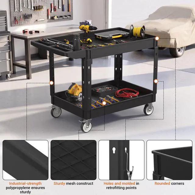 Alt view image 3 of 7 - Utility Rolling Storage Cart, 45 x 25 Inch, 1000 Lbs Capacity, Black | Tool Cart with 360° Swivel Wheels, 2 Shelf Work Cart with Sturdy Platform, for Warehouse, Grocery, Cleaning, Garage