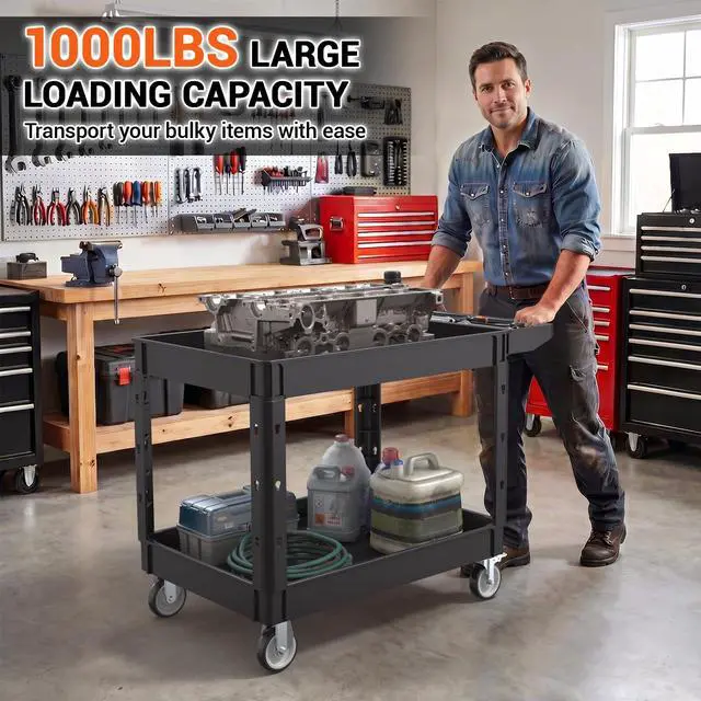 Alt view image 4 of 7 - Utility Rolling Storage Cart, 45 x 25 Inch, 1000 Lbs Capacity, Black | Tool Cart with 360° Swivel Wheels, 2 Shelf Work Cart with Sturdy Platform, for Warehouse, Grocery, Cleaning, Garage