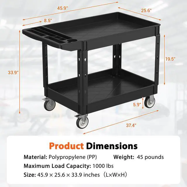 Alt view image 5 of 7 - Utility Rolling Storage Cart, 45 x 25 Inch, 1000 Lbs Capacity, Black | Tool Cart with 360° Swivel Wheels, 2 Shelf Work Cart with Sturdy Platform, for Warehouse, Grocery, Cleaning, Garage